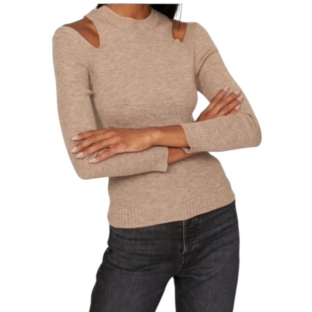 Hudson Women's wool Tan Crewneck Cutout Shoulder Stretchy Sweater new, as is L